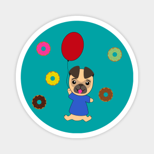 Flying pug dog on a balloon with donuts in the magical sky Magnet